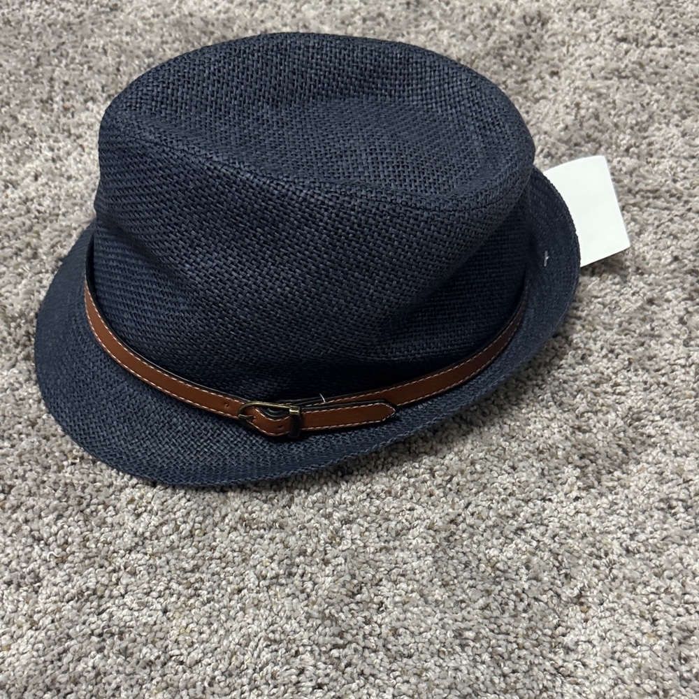Women’s Navy Straw Trilby Hat with Brown Leather Band